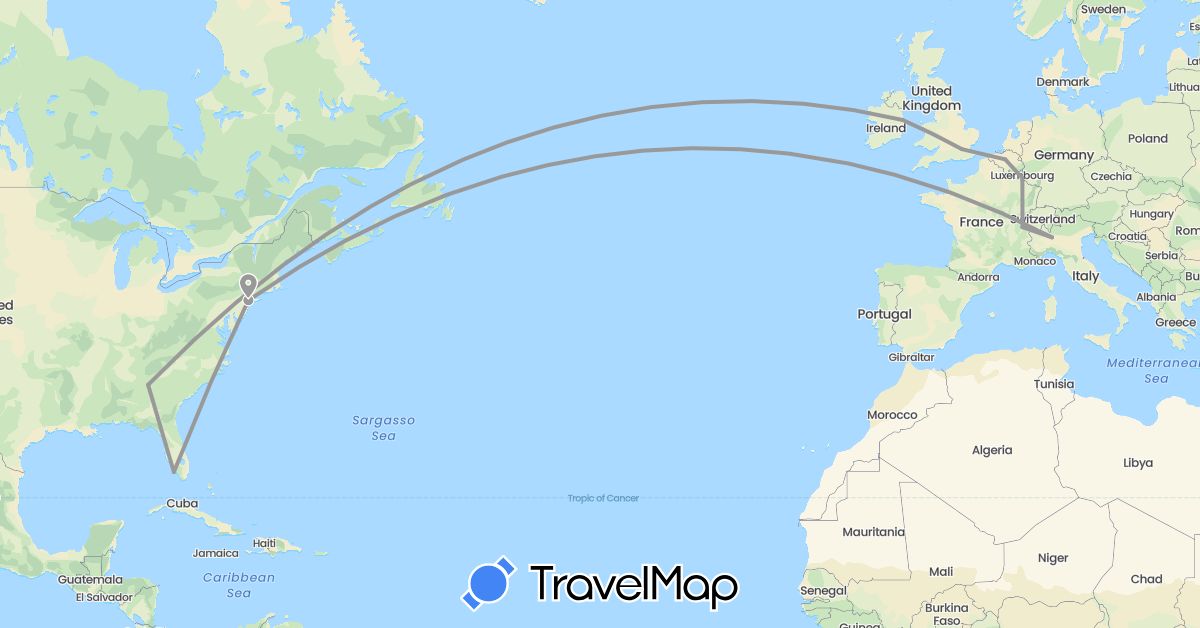 TravelMap itinerary: driving, plane in Belgium, Switzerland, United Kingdom, Ireland, Italy, Luxembourg, United States (Europe, North America)